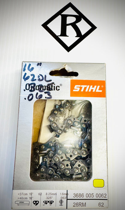 Stihl 16" Chain, .325 RM .063 62 DL Loop Low-Vib, 26RM 62, 36860050062