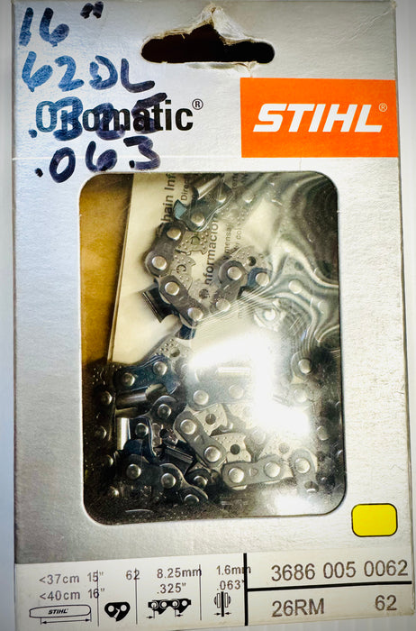 Stihl 16" Chain, .325 RM .063 62 DL Loop Low-Vib, 26RM 62, 36860050062